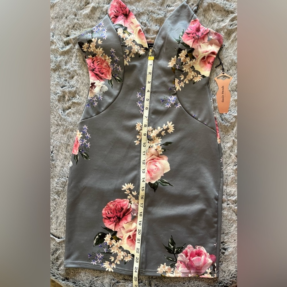 NWT Haute Monde Gray & Pink Floral full zip up mini dress, Bodycon Large 8-10 - Picture 14 of 15